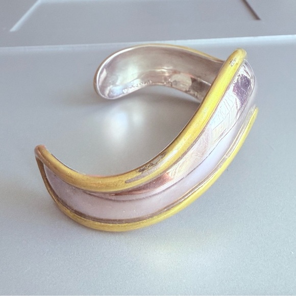 Taxco Mexico Sterling Silver & Brass Wave Cuff Vintage Bracelet Laton - Picture 2 of 8